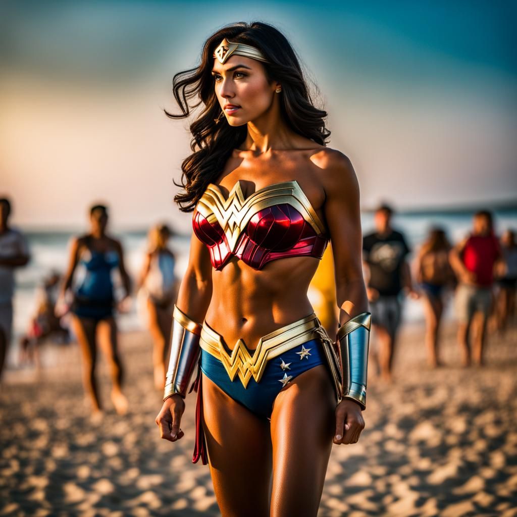 Wonder Woman in a bikini on the beach filled with people