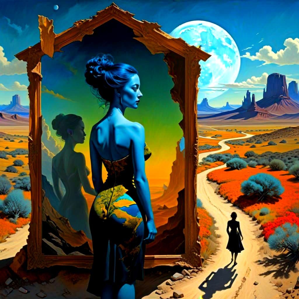 Ethereal Dali-Inspired Landscape with Tiny Female Silhouette