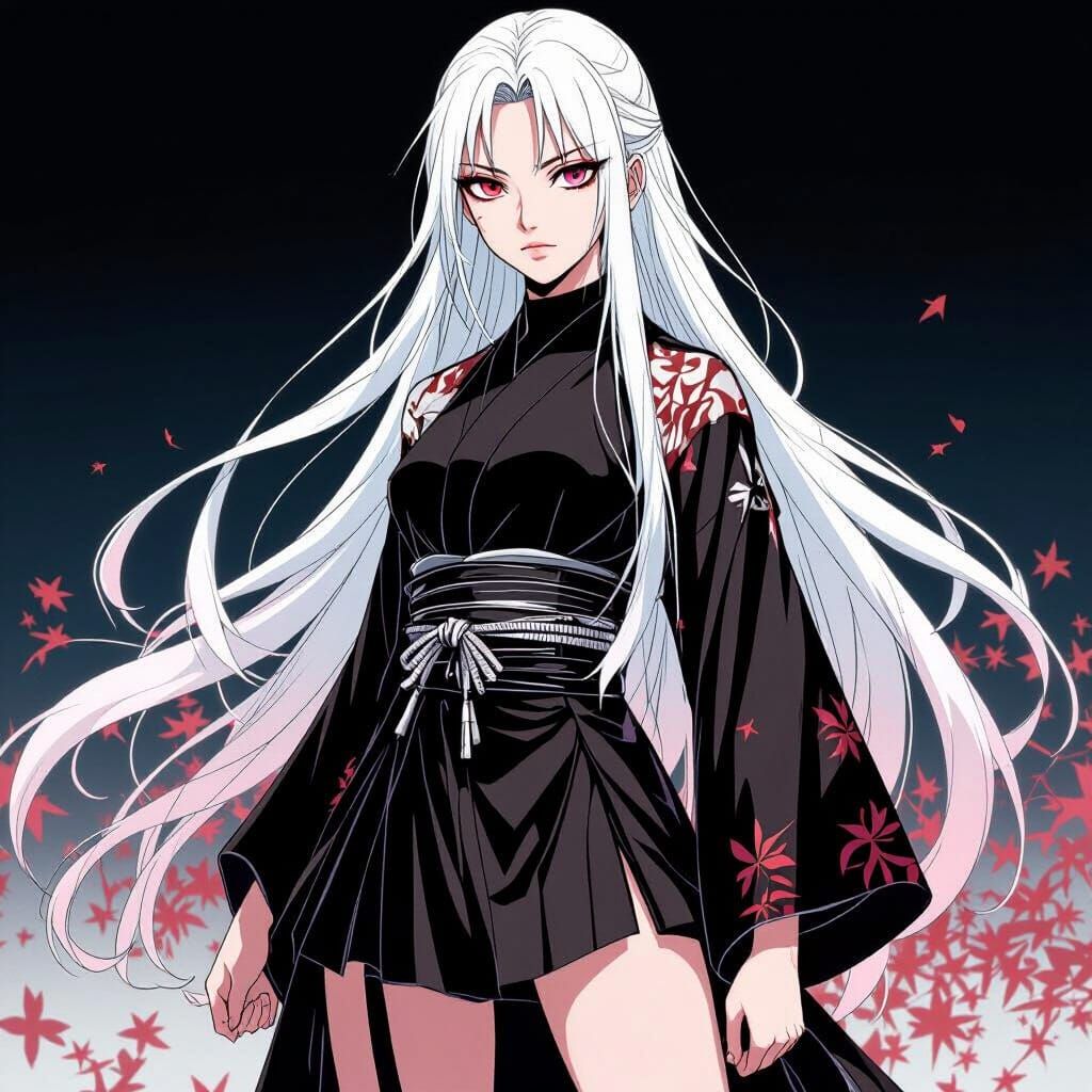 Render the character front-facing, with intense sharp eyes, wearing a white haori (traditional Japanese jacket) over the outfit, and with a ...