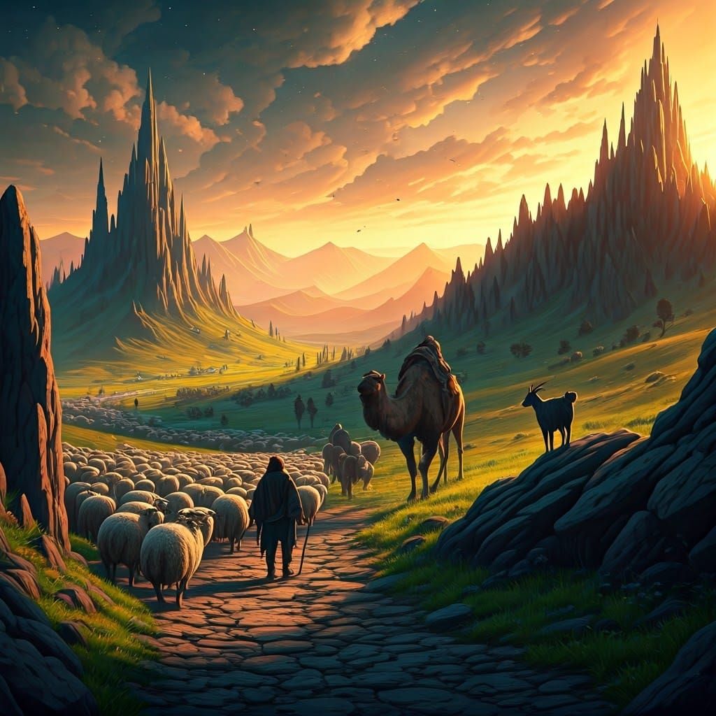 Vibrant Landscape of Dreamlike Herders in Setting Sunlight