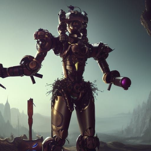 Humanoid robot with a sword and machine gun slaying demons i...