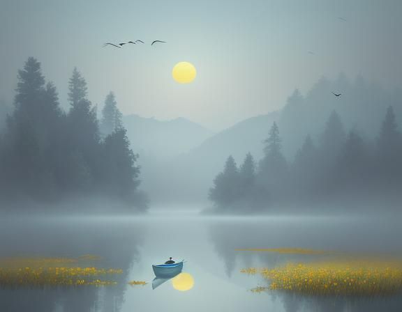 Blue Canoe on Misty Lake: Watercolour Artwork