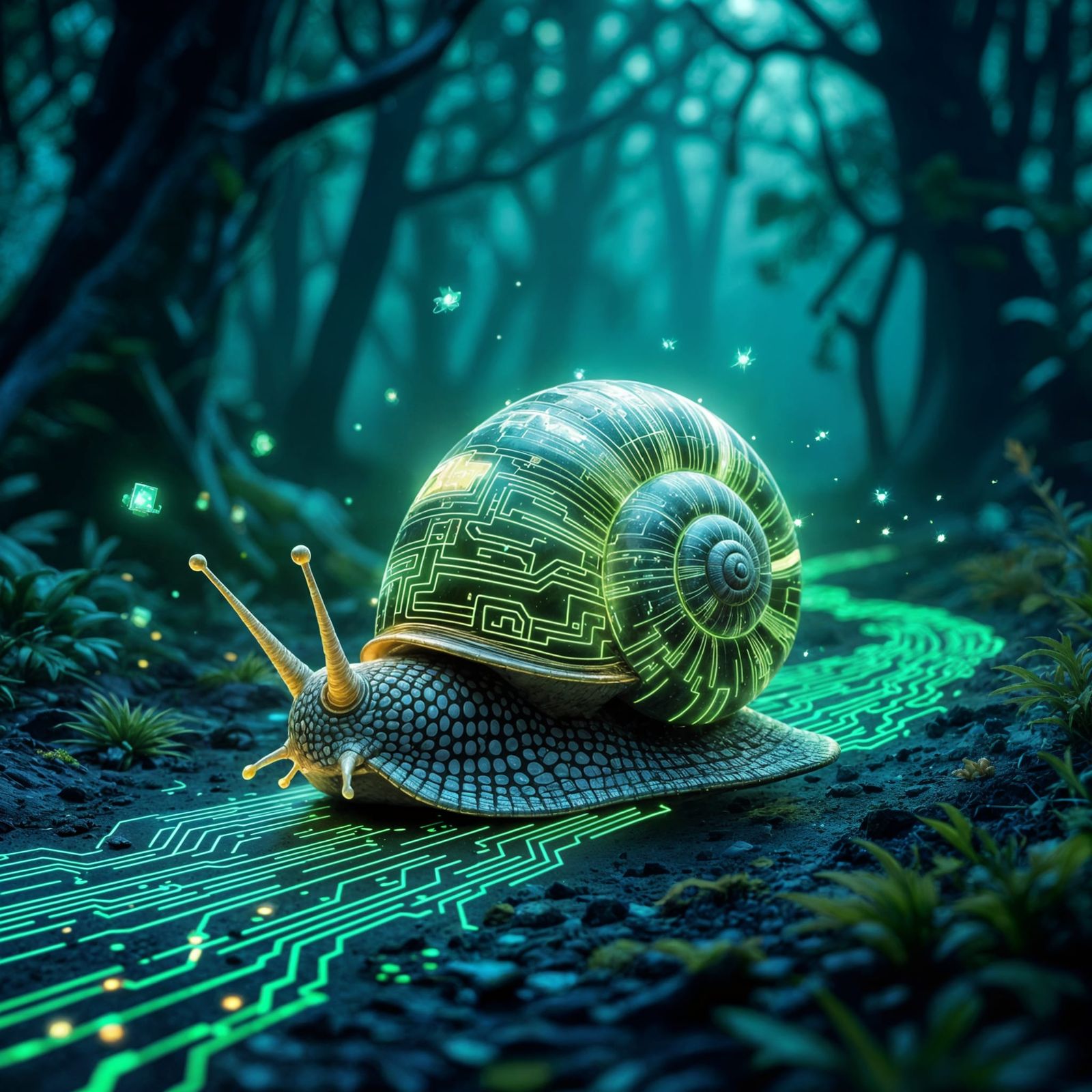 A whimsical snail, its shell intricately designed to resemble a motherboard, leaves a trail of glowing ...  by @Polly TheNettle
