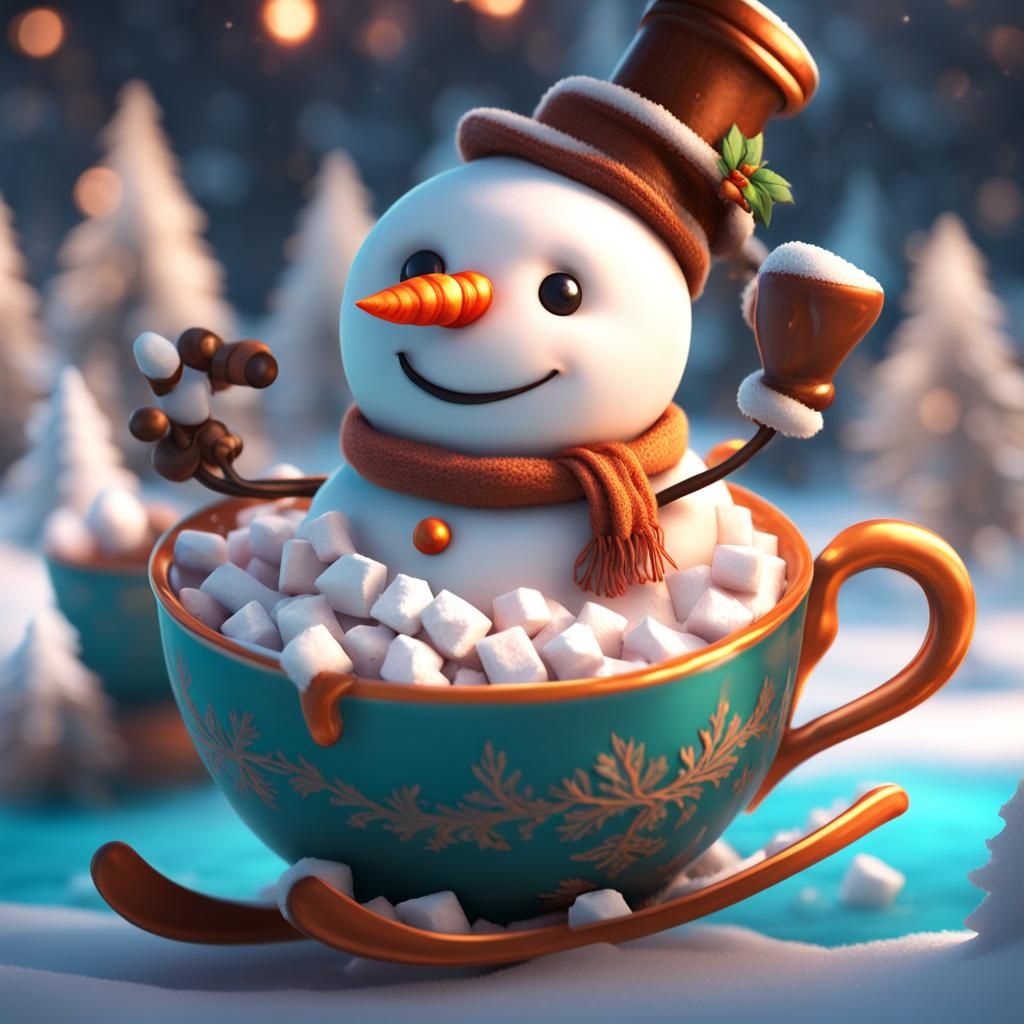 An adorable snowman marshmallow skating on a cup of hot cocoa - AI ...