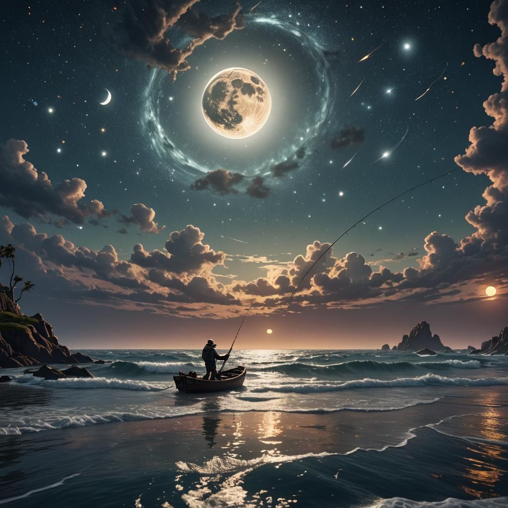 Man in the moon, fishing in the ocean reflecting the stars  by @i_C_Flyingpigs