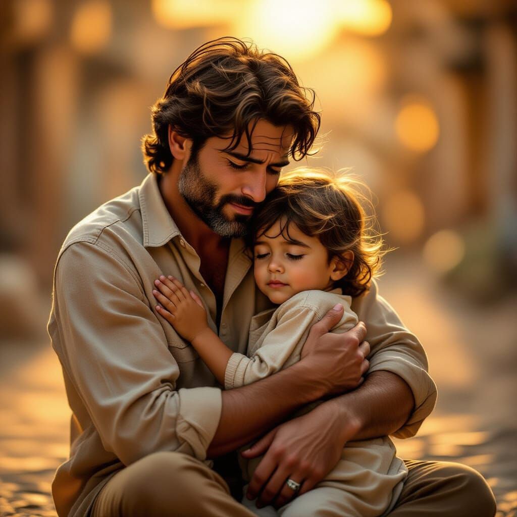 Emotional Embrace: Father and Child in Golden Light