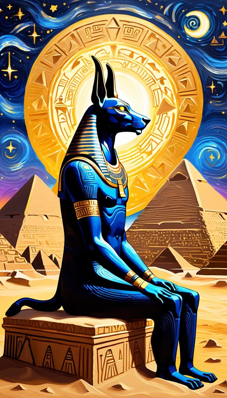 Benevolent Anubis
"A kind and majestic Anubis sitting peacefully atop the Great Sphinx, glowing golden aura, watching over the desert under ...