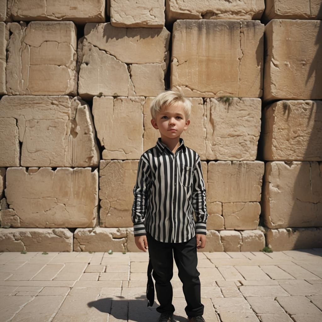 Boy with Ponytail at Western Wall in Detailed Painting