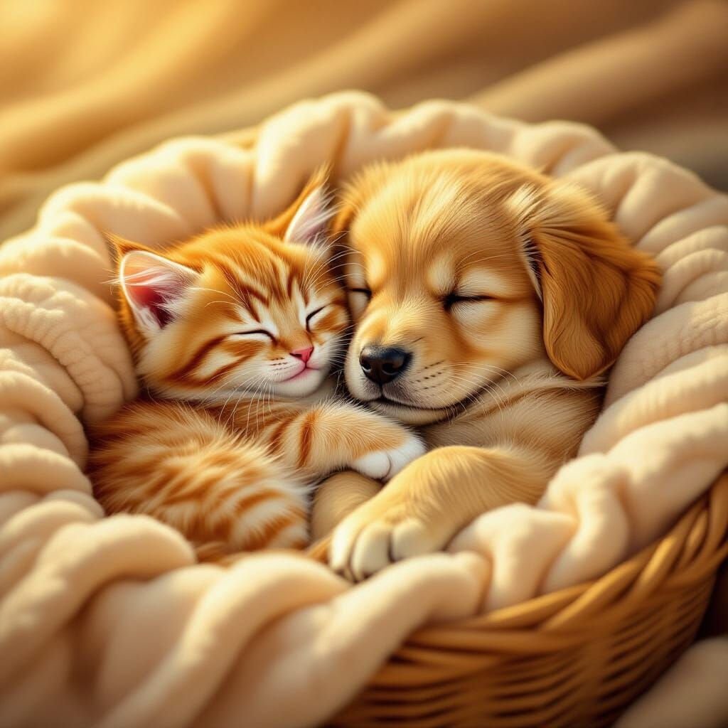 Adorable Kitten and Puppy Sleeping in Cozy Basket