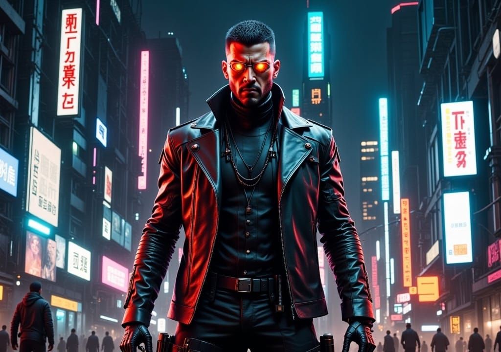 Blade Runner cinematography style Cyborg man bounty hunter in a cyberpunk city, cyberneric implants<lora:Cyborgs Flux:1.0> 