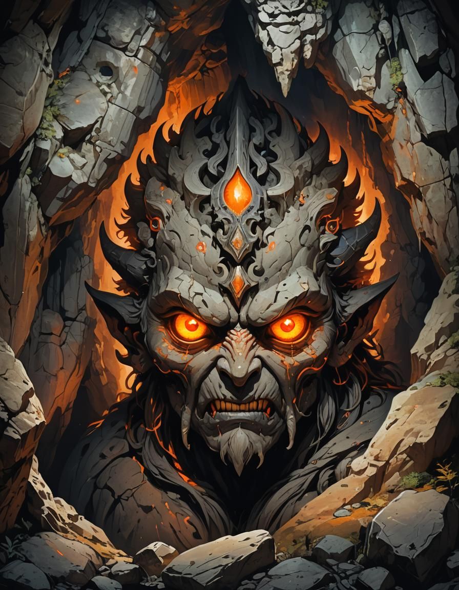 scenic picture of a cave god, wide face, evil look, orange g...