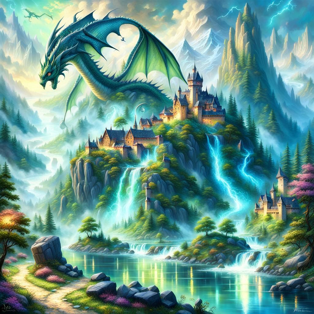 Fantasy landscape with a dragon - AI Generated Artwork - NightCafe Creator