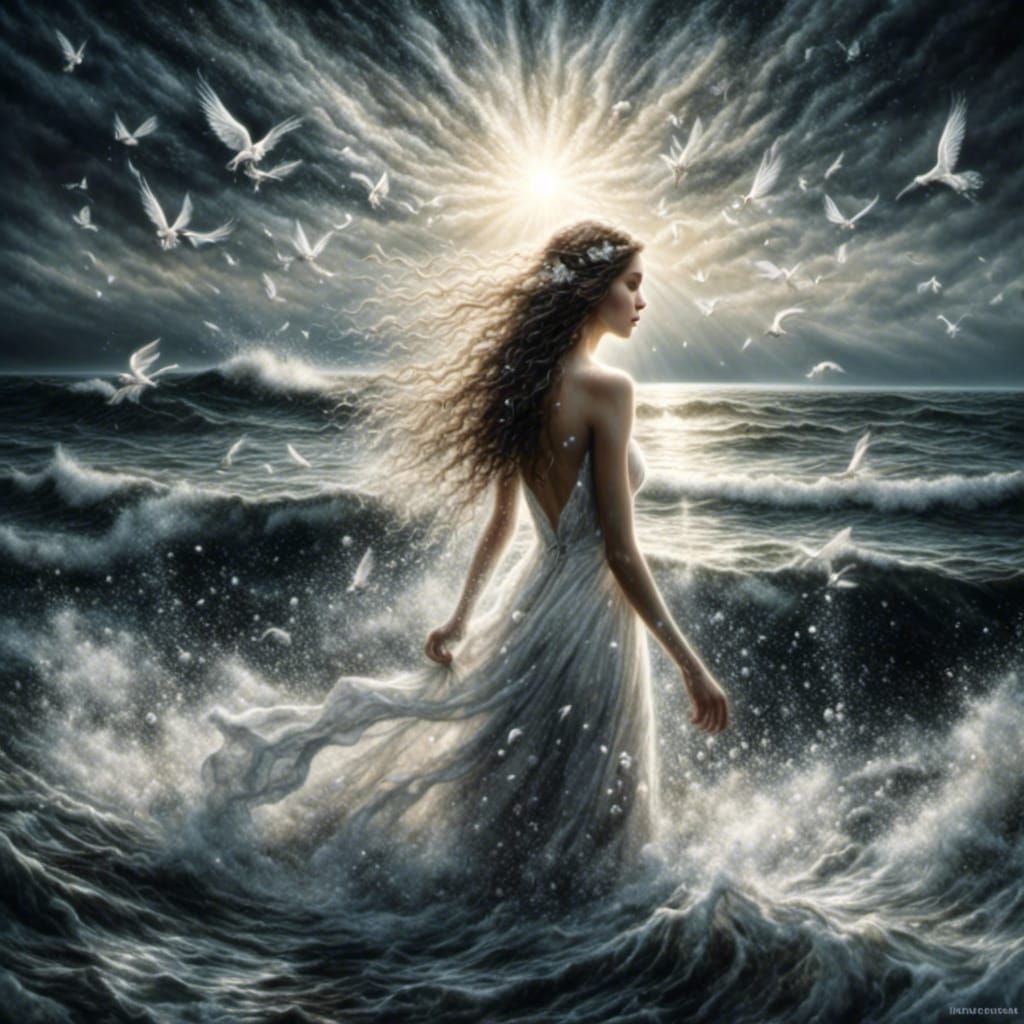 A white  bride bathing in light in a black foaming sea <lora:Bathing in light:1.0>