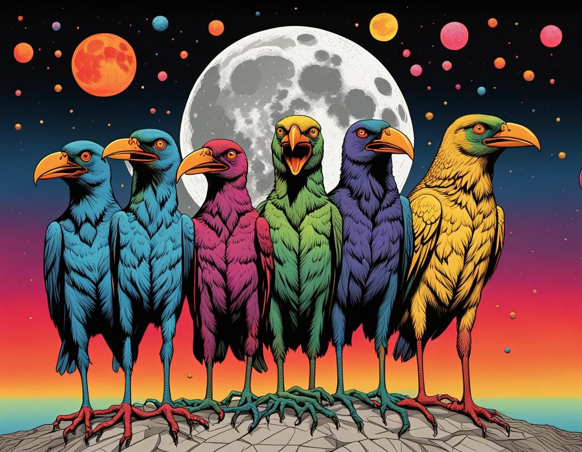 Colorful Crows in the Moonlight