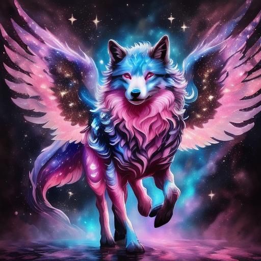 <lora:Fairy Animals:1.0> epic cute adorable ethereal pink winged bear walking and shimmering over the space, filled with glitter and stars,...