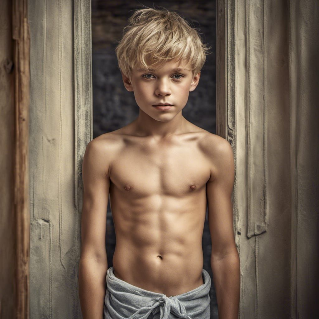 front of shirtless muscular blond boy 12yo full body abs lovely face ...