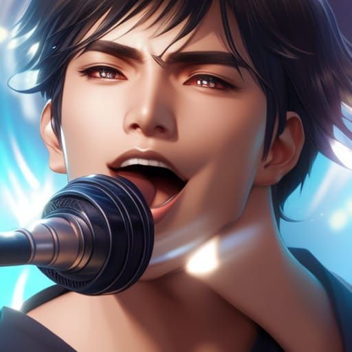 Handsome mid 20's Anime K-Pop Male Singing And holding a mic...