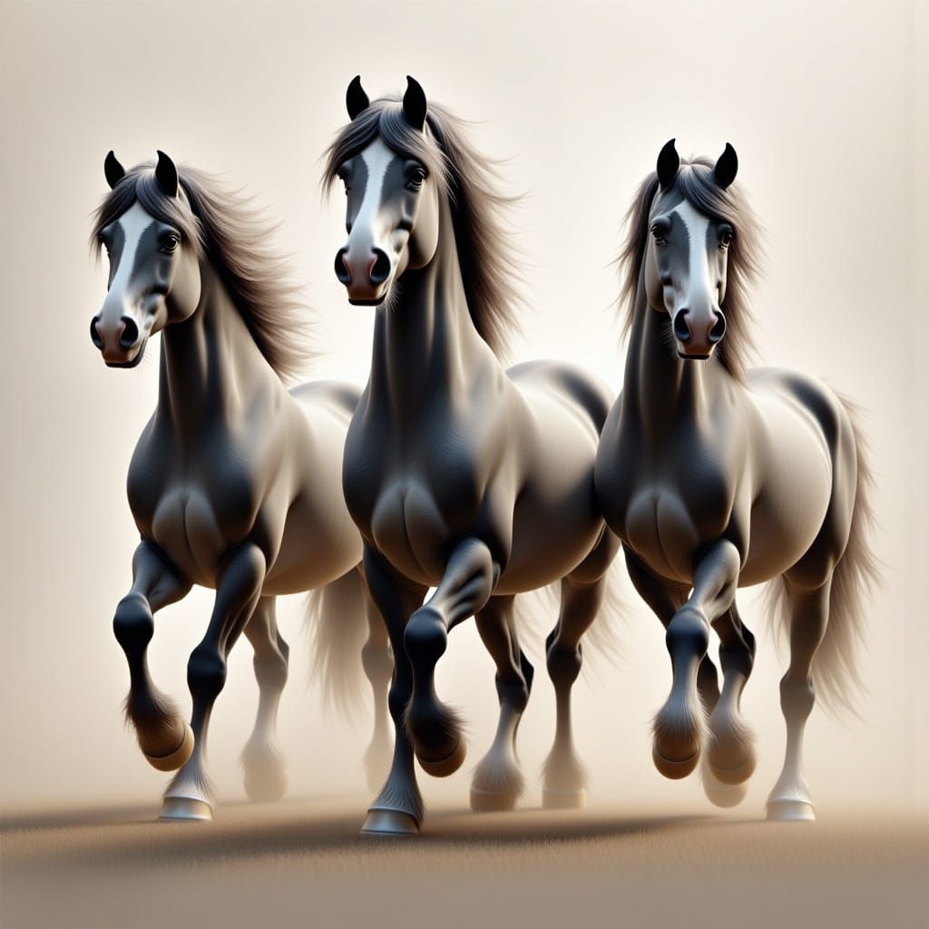 Photorealistic 3 wild grey horses galloping off. dust rising, natural colours,8k Resolution, chalk textured Matte Painting <lora:Trio of Hor...