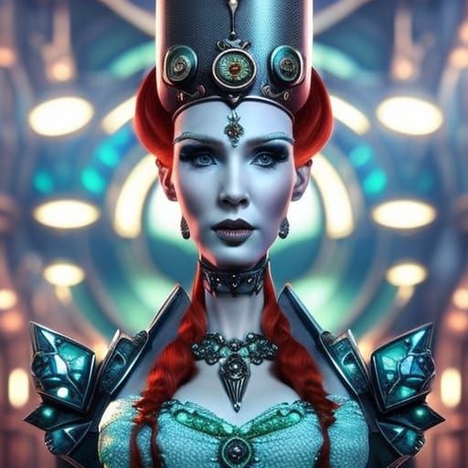 Robot faced steampunk woman with long red hair wearing a tia, digital ...