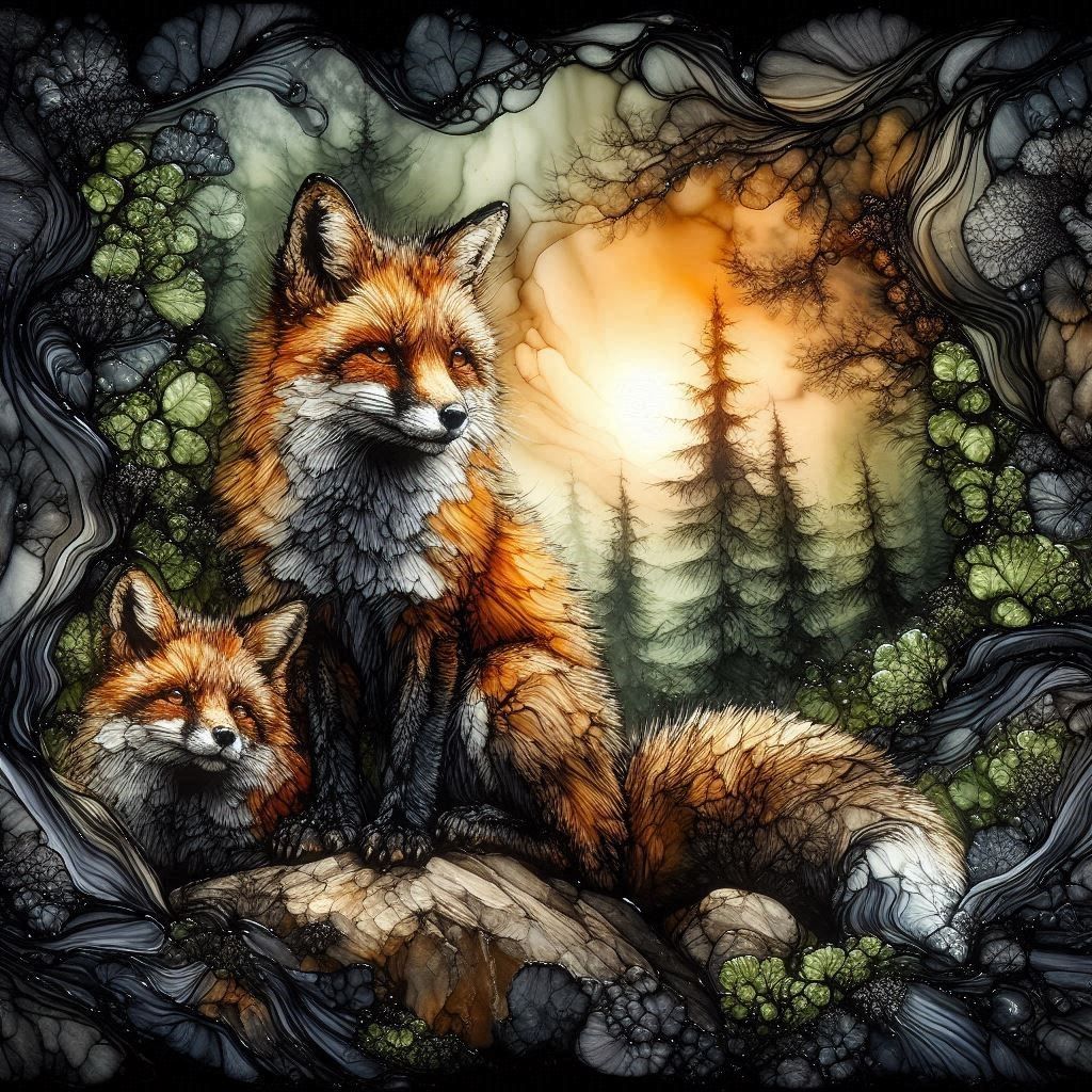 Foxes in the Forest at Night ~ Alcohol Ink