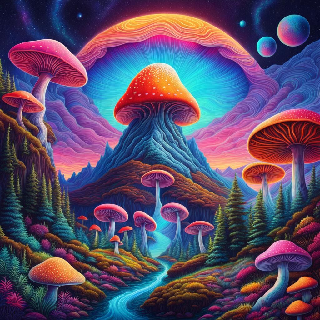 Psychedelic Mushroom mountain - AI Generated Artwork - NightCafe Creator