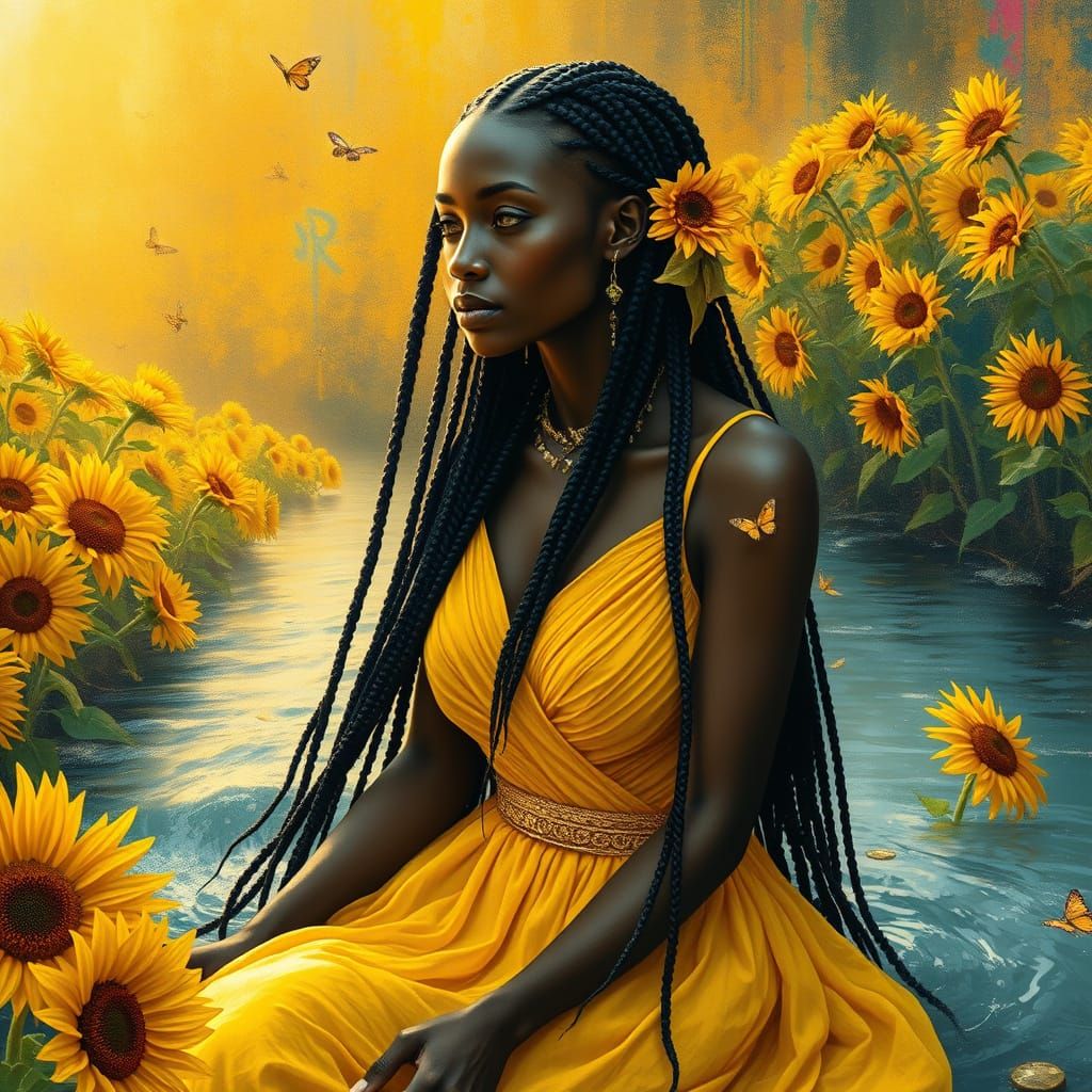 Golden Goddess Amidst Sunflowers in Vibrant Hyperrealism