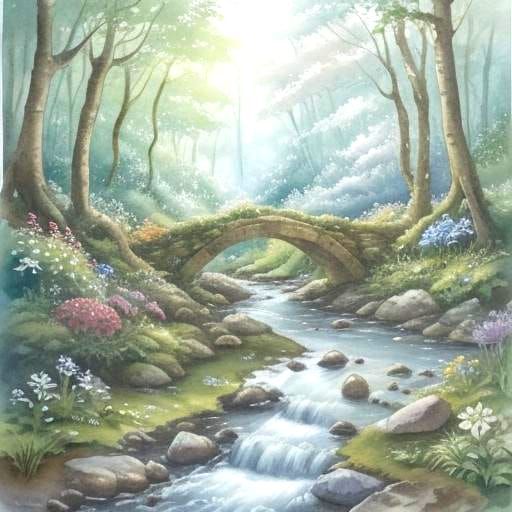 detailed watercolour a babbling brook between light forest with ferns and woodland flowers, rounded river stones and arched stone bridge, ep...