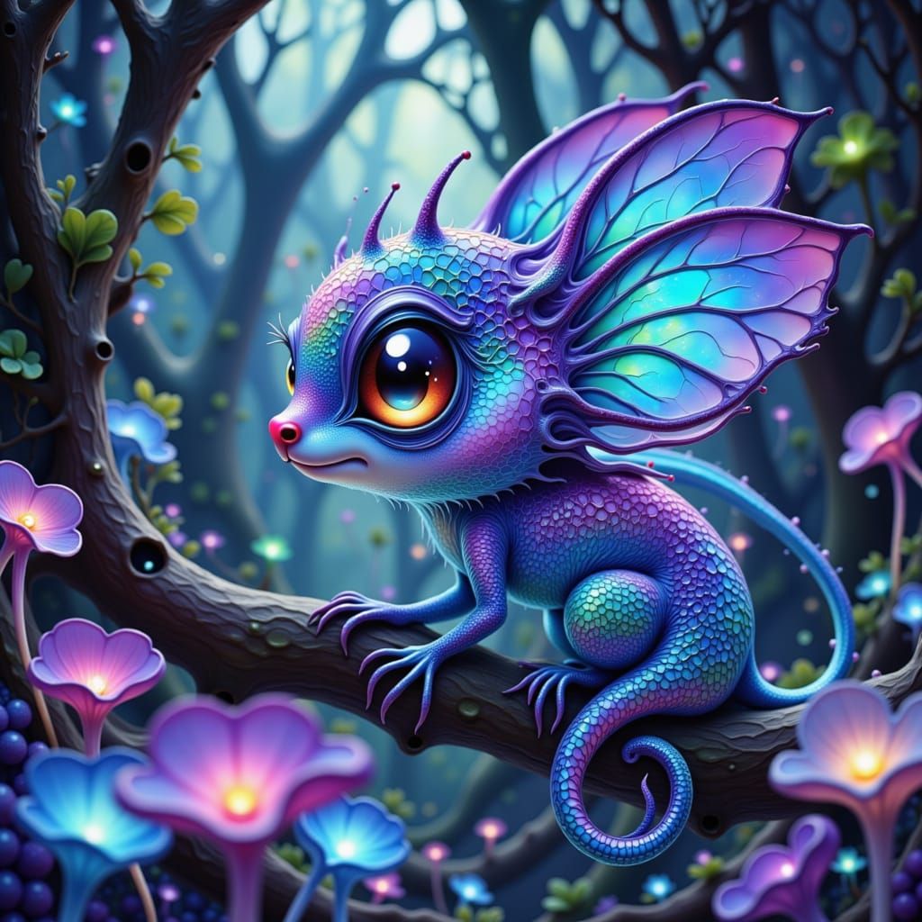 A whimsical, animal-like creature with iridescent, holographic scales, glowing with internal bioluminescence, perched on a branch in a lush,...