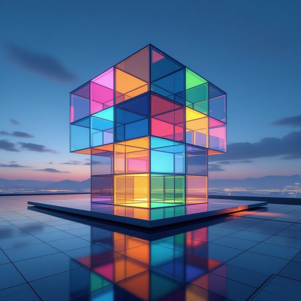 Futuristic Glass Rubik's Cube House with Kaleidoscope Light