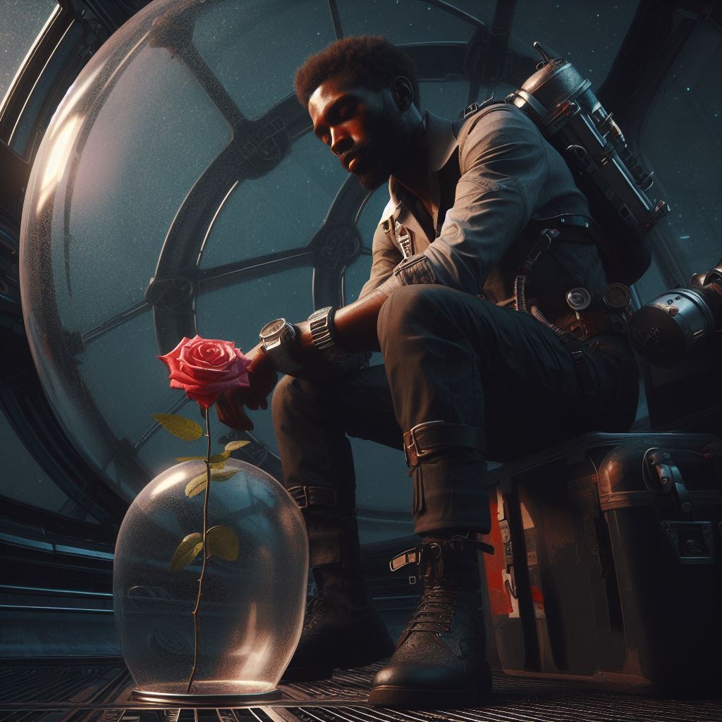 fragile last preserved flower cared by lonely tired scientist Robot , on a starship, space station