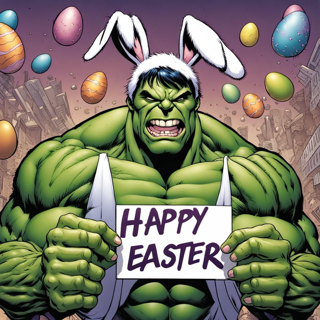 Incredible Hulk wearing bunny ears and holding a sign saying happy ...