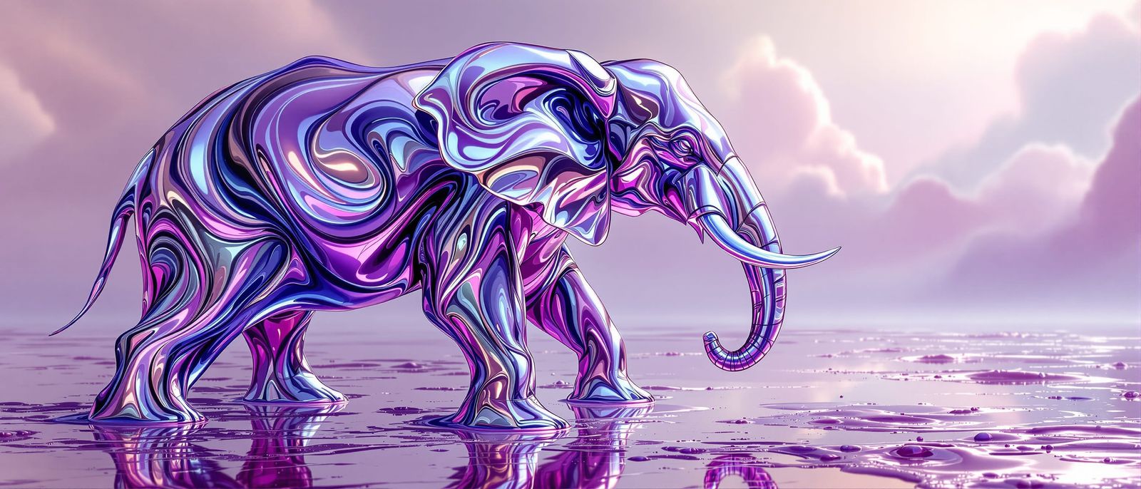A majestic elephant sculpted entirely from swirling, iridescent liquid mercury!  by @Paul G