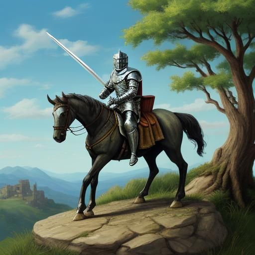 knight holding a sword in a stone by a tree on a hill on a crusade - AI ...