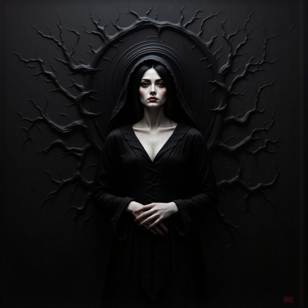 <lora:Black:1.0> <lora:Impasto2 Flux:1.0> "Obsidian black impasto beauty "