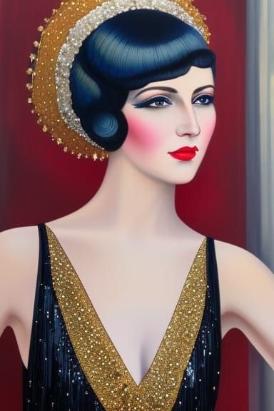 highly artistic gouache painting; beautiful girl with 1900s ...