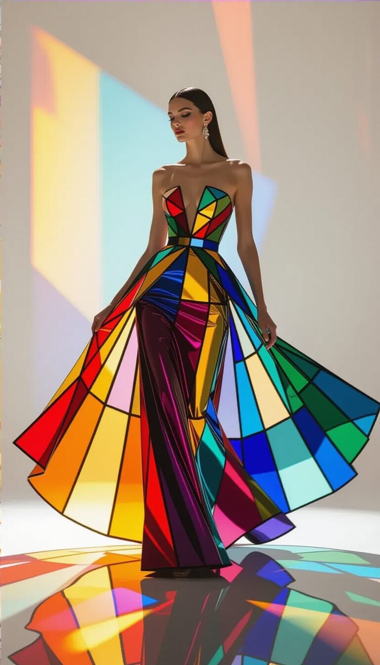 “The Prism Lady”
A graceful woman in an evening gown composed of colorful glass panels, each reflecting a different hue as she moves under s...