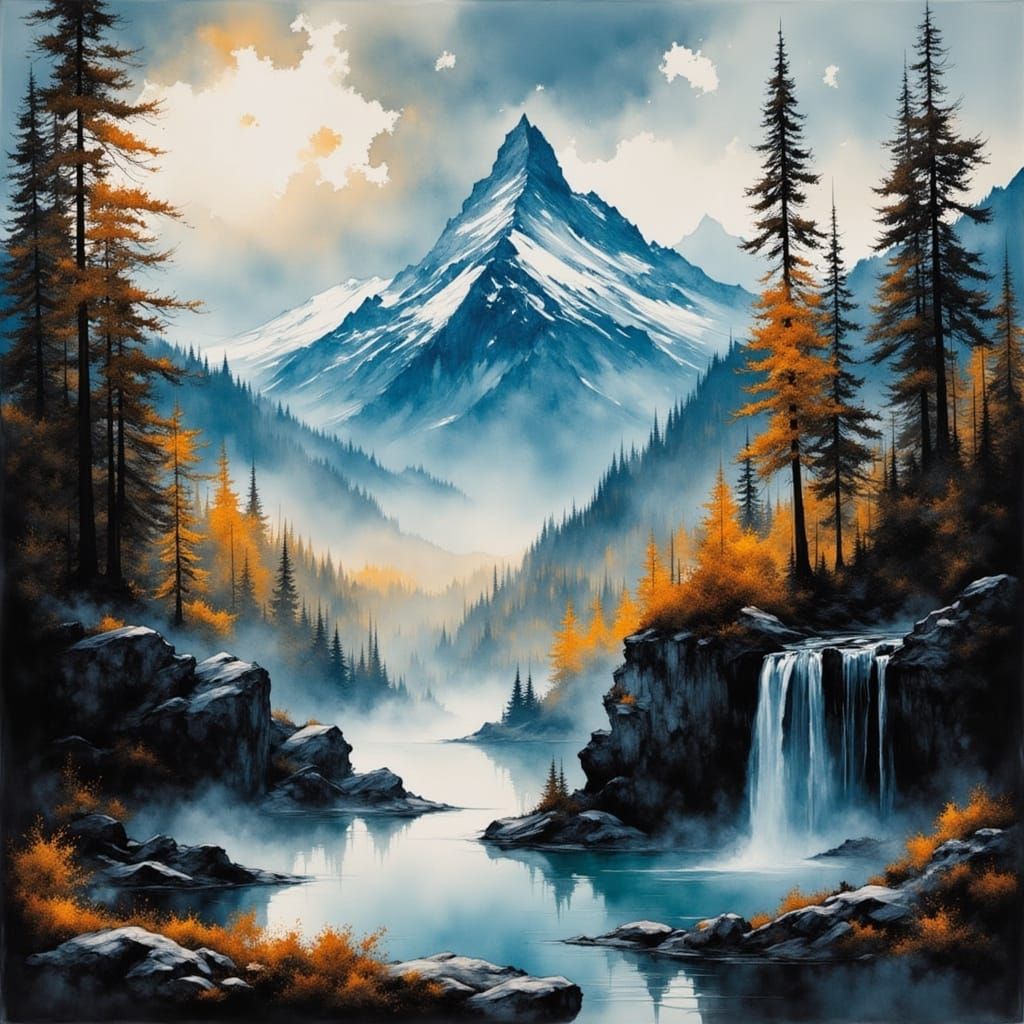 Majestic Mountain Range with Misty Waterfalls in Autumn Oil ...
