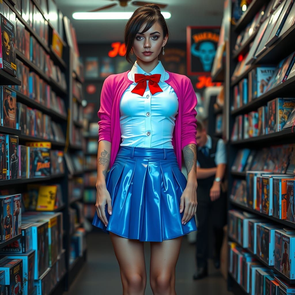 College girl in shiny school uniform posing in game store
