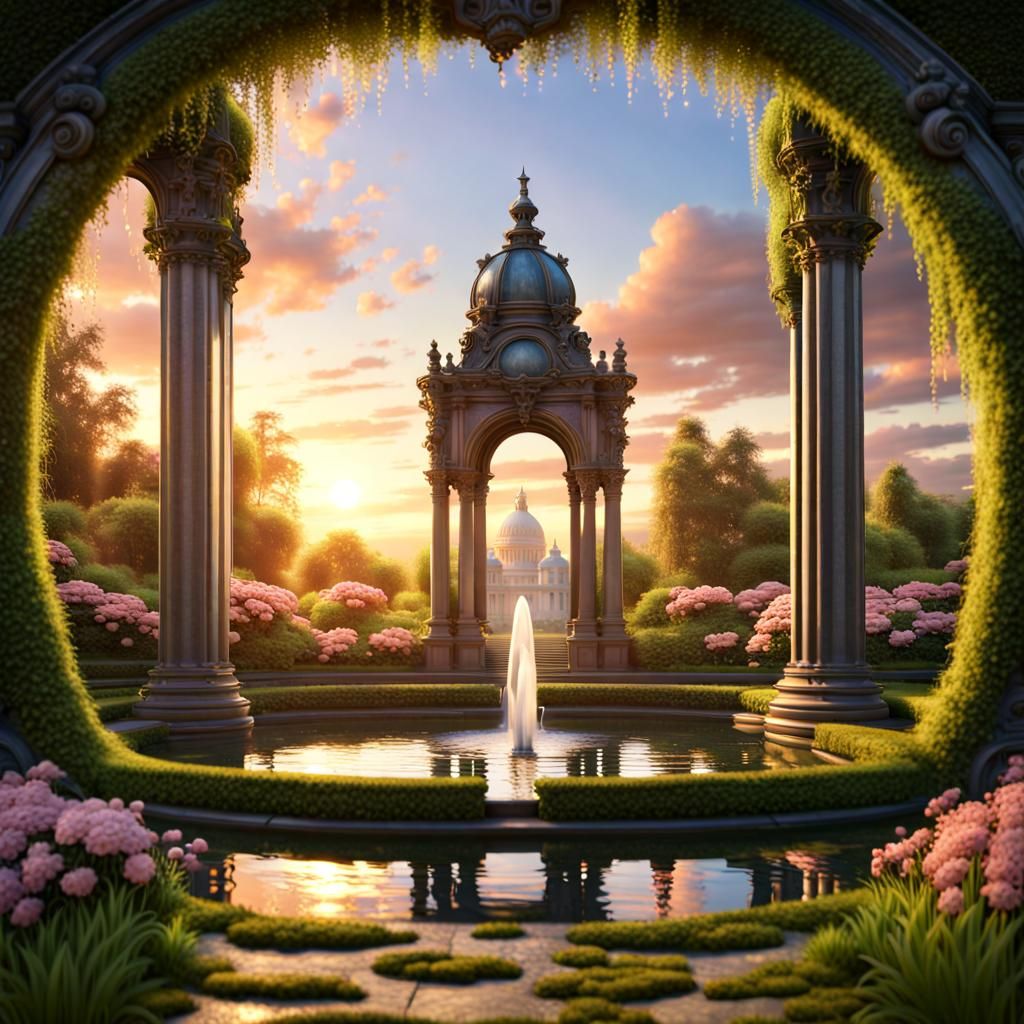 Beautiful fountain in a mossy delicate flower garden through an oval portal , sunset,  palace background, ...  by @Maui kinepela