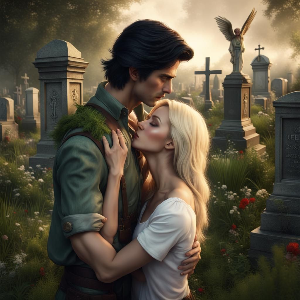 Imagine a kiss between a man with medium black hair, brown e...