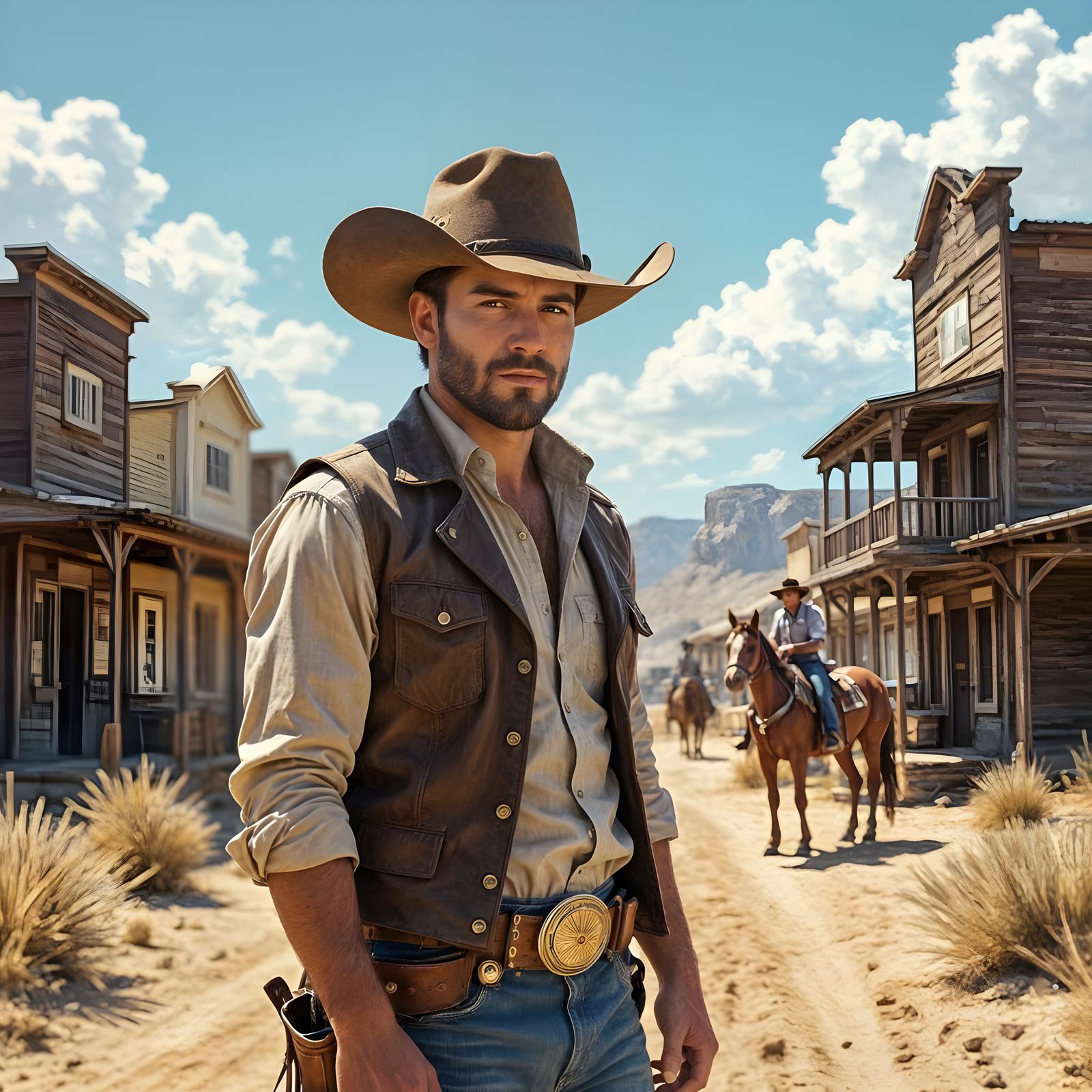 A front facing cowboy stood in the middle of a town, wooden buildings, desserts, sun shinning,  tumble ...  by @Irene