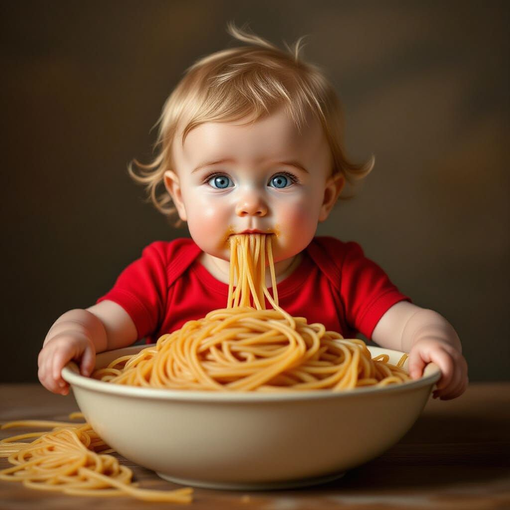 Realistic Baby Covered in Spaghetti in Dramatic Lighting