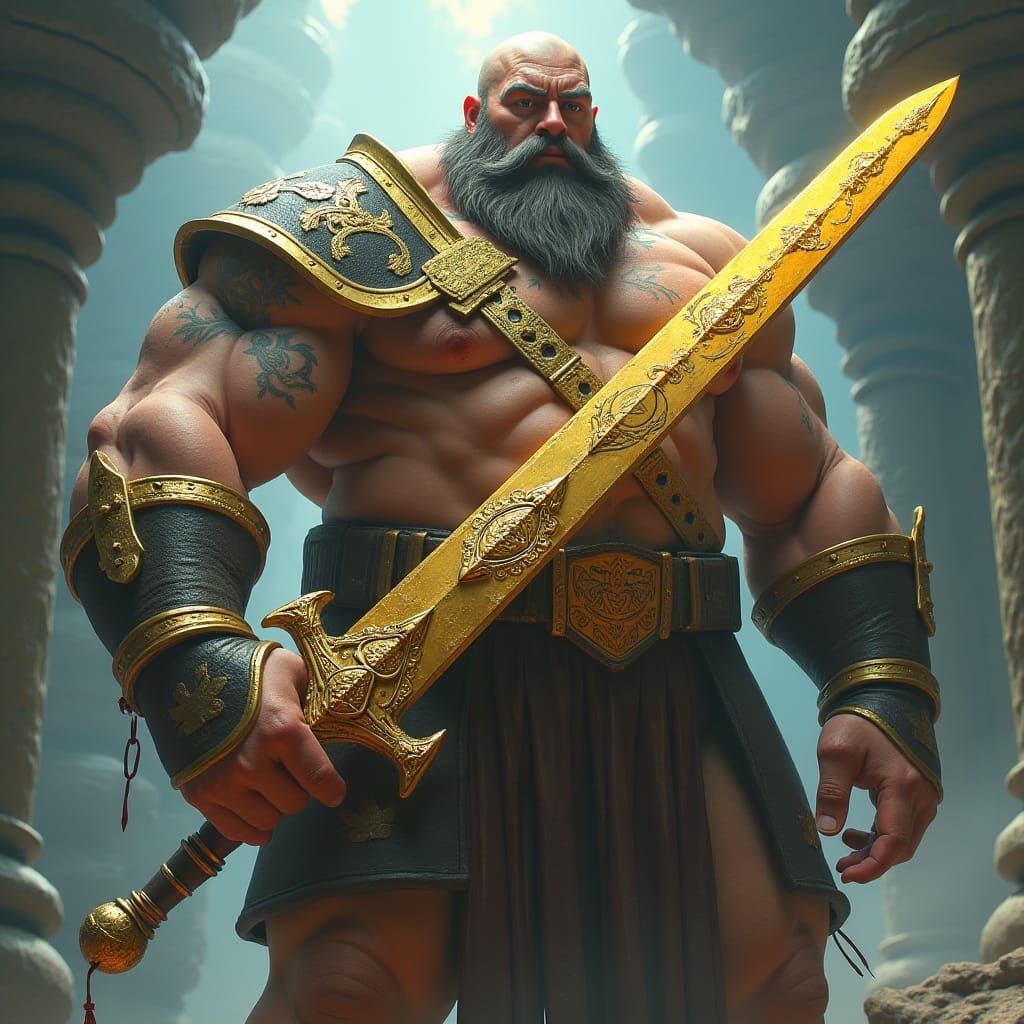 Muscle-Bound Warrior with Golden Sword in Fantasy Realm
