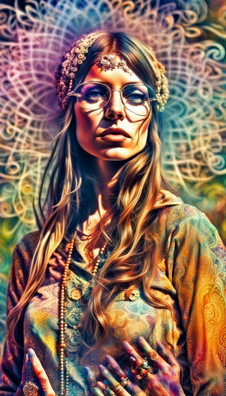 A double exposure of a psycadelic 1960s style hippy woman  s...