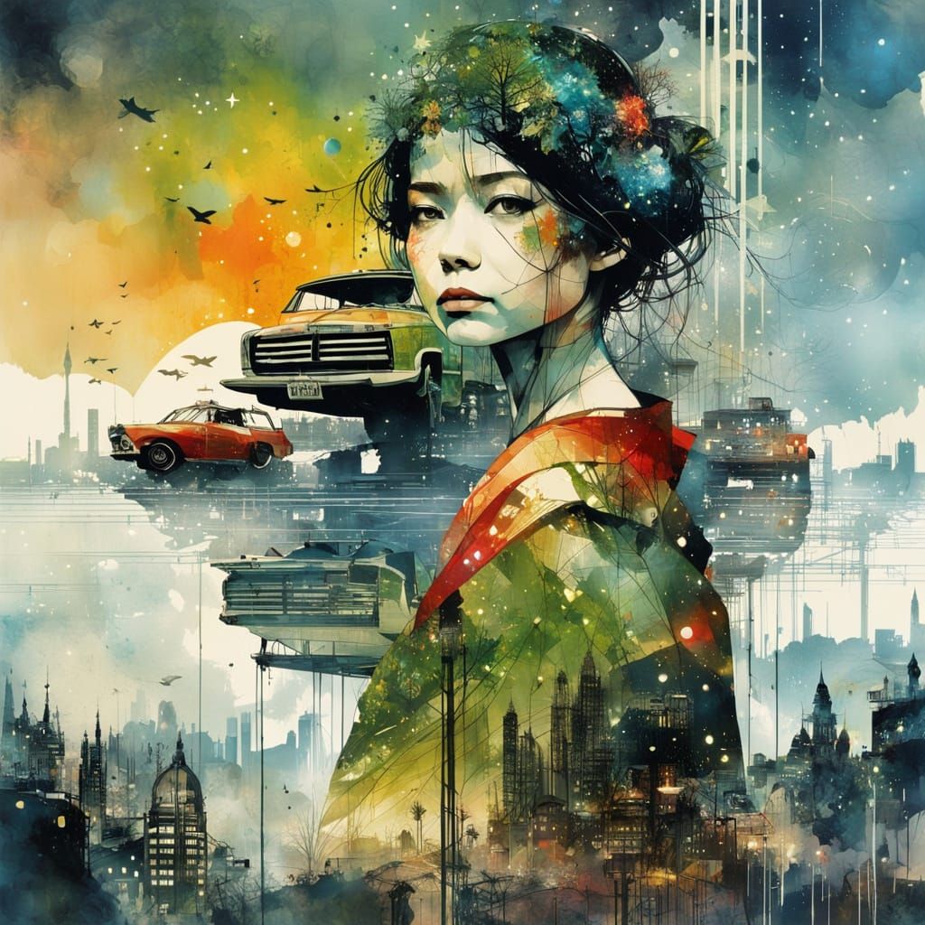 Galactic Princess Silhouette in Maximalist Cityscape