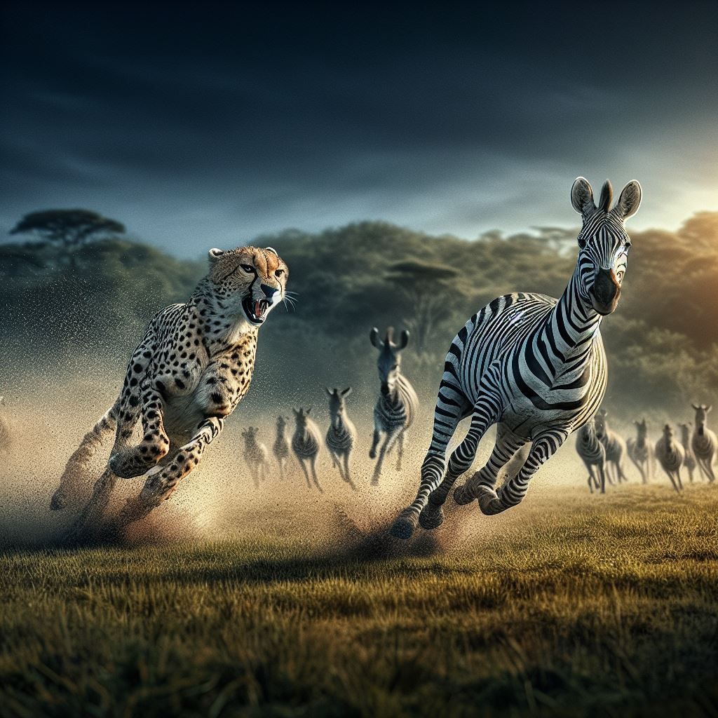 A cheetah chasing a zebra