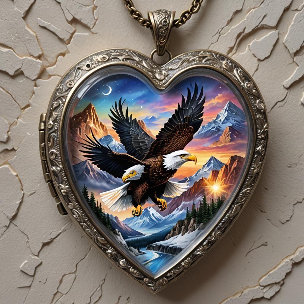 Flying Bald Eagle Soaring encased inside Crystal heart locket lead