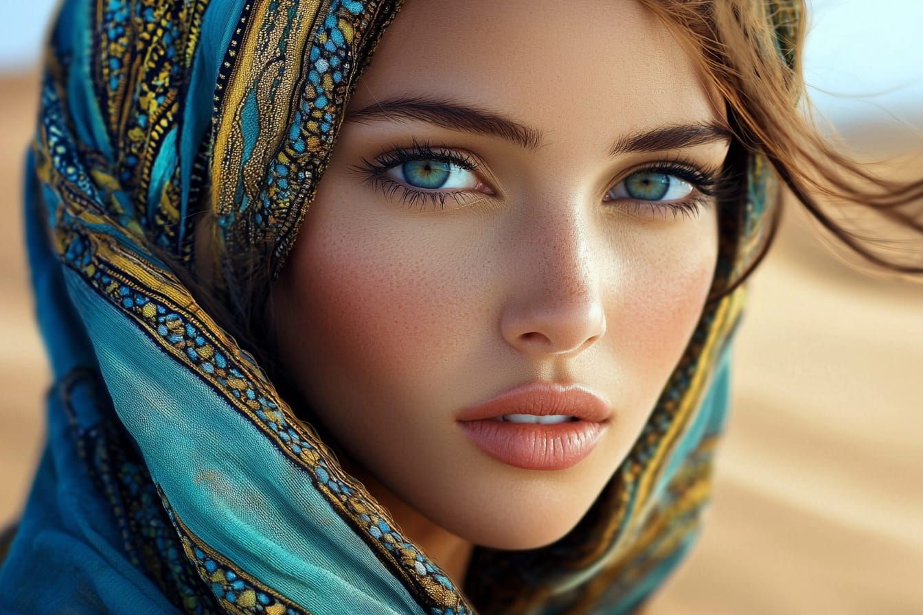 an incredibly beautiful woman in the Sahara desert, photorealistic