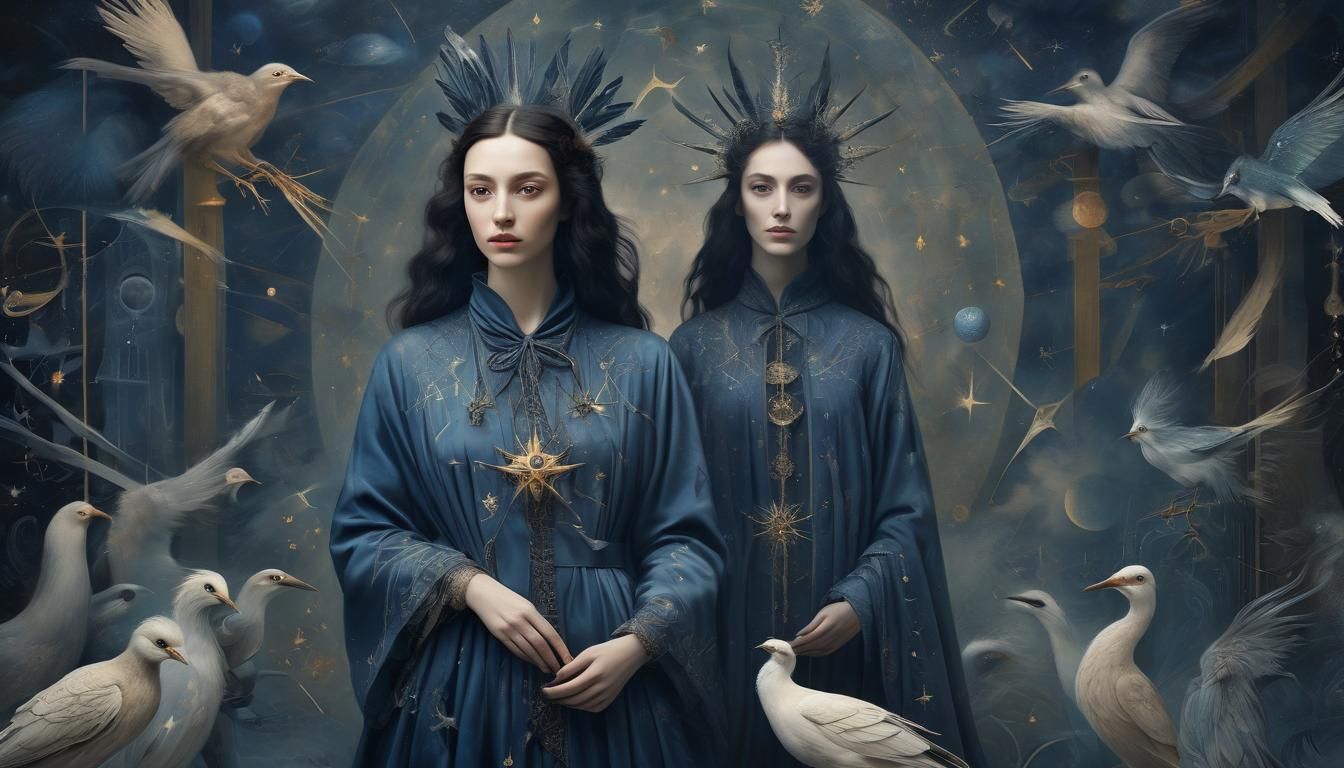 Surrealist artwork in the style of Leonora Carrington. Medium shot. "Surreal Portrait of Max Ernst with Bird Features" - An enigmatic male f...