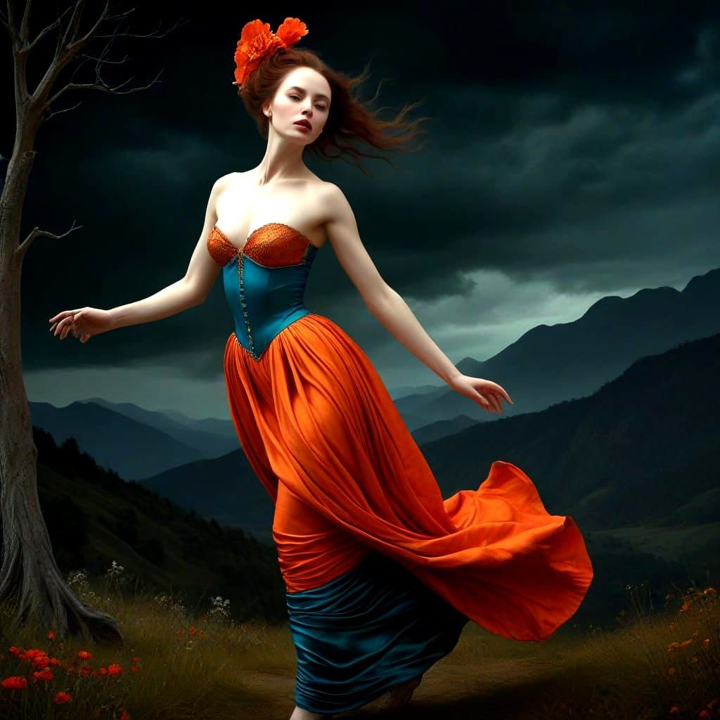 Dynamic Portrait of a Woman in a Surreal Landscape